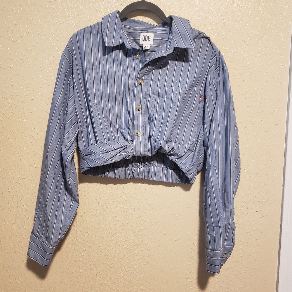 BDG Long Sleeve Cropped Top Button Front Stripes